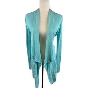 Julie Brown NYC Aqua Ribbed Knit‎ Open Front Draped Cardigan Sweater Size M/L